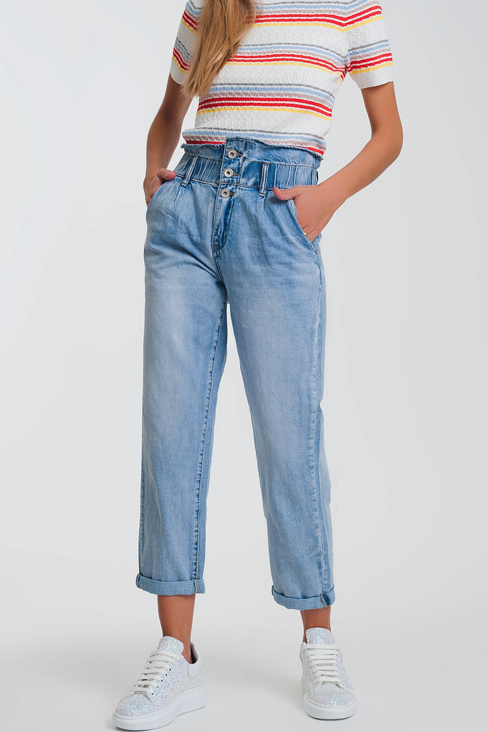 Q2 Light denim straight jeans with big waistband detail
