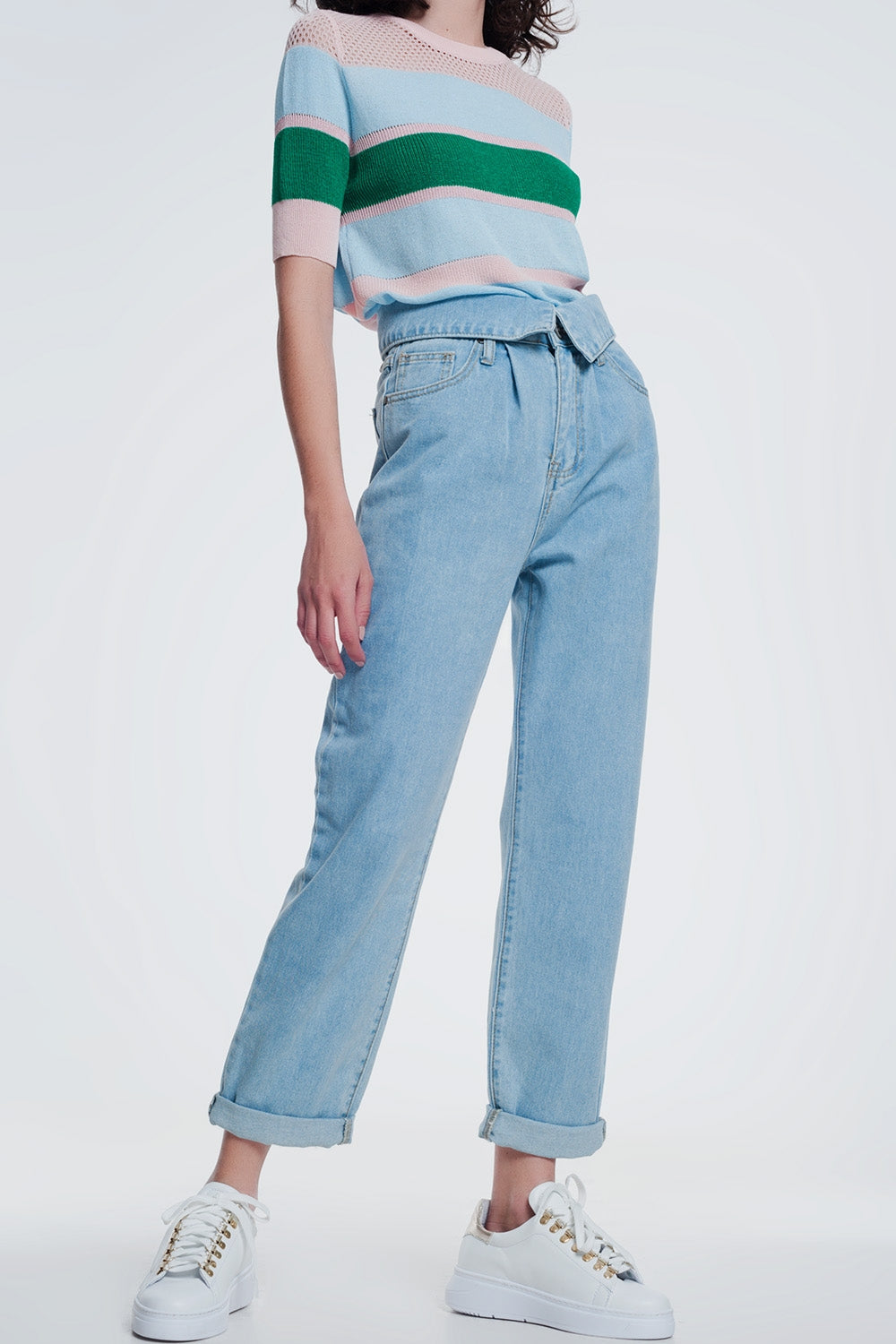 Q2 Light denim straight jeans with folded waist