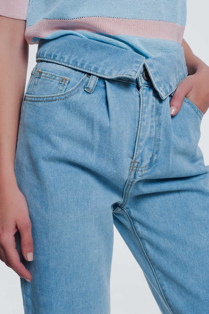 Light denim straight jeans with folded waistJeans