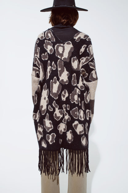 Long Open Cardigan With Cheetah Print and Fringe In Black and Grey