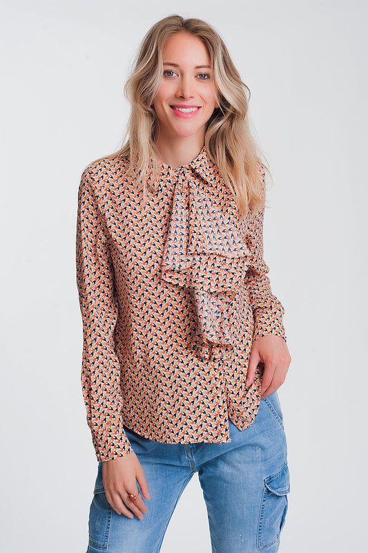 Q2 Long sleeve blouse with ruffle detail in beige