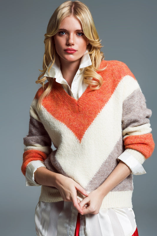 Q2 Long Sleeve Eighties Printed V-Neck Sweater in Orange