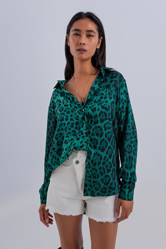 Q2 Long sleeve soft shirt in green animal print