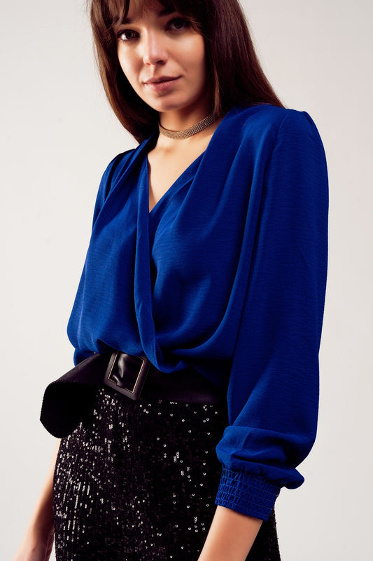 Q2 Long sleeved wrap satin blouse in blue