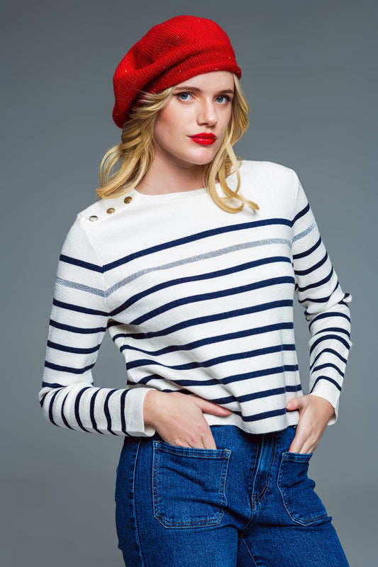Q2 Marine Style Stripey Sweater With Button Detail At Shoulder