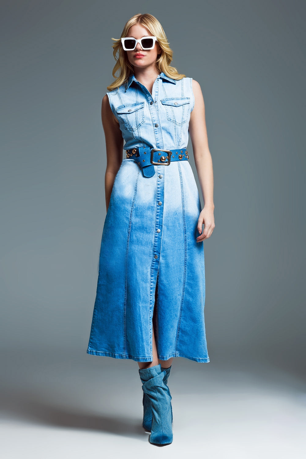 maxi sleeveless Denim Dress With Ombre Detail