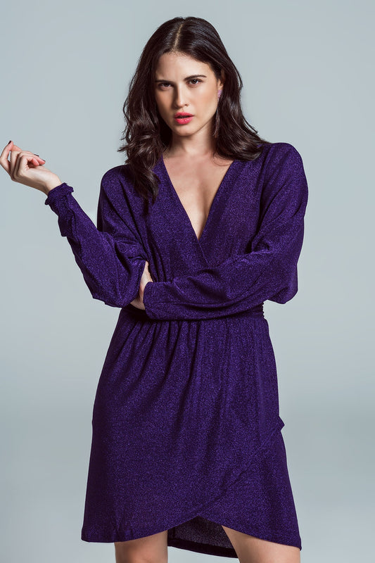 Q2 Mini length glitter dress with deep V neck in purple