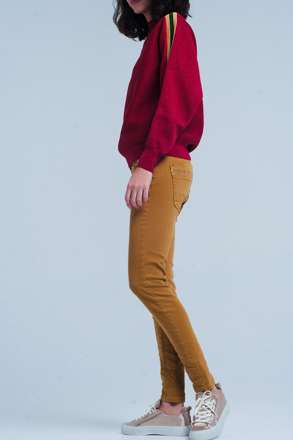 Mustard Skinny Pants with Sequins and ButtonsJeans