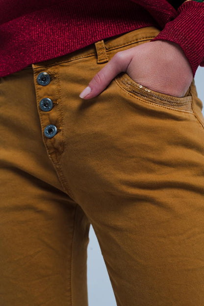 Mustard Skinny Pants with Sequins and ButtonsJeans