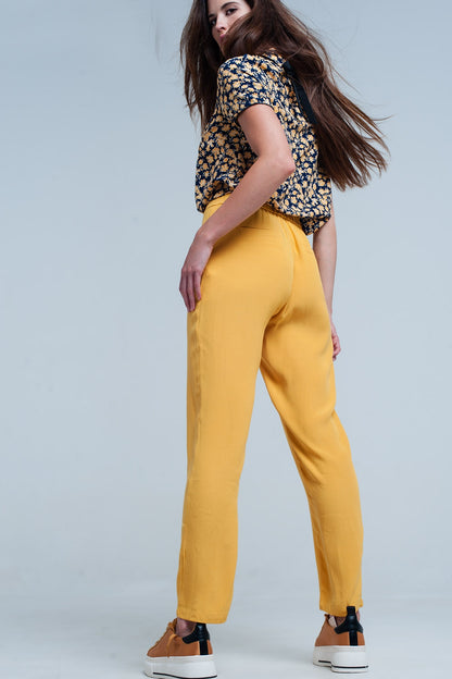 Mustard slim fit pants with satin beltPants