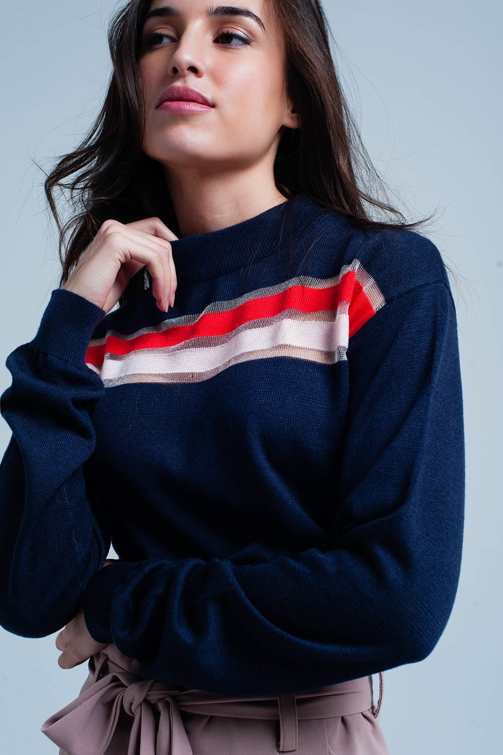 Q2 Navy Fine Knitted Sweater with Transparent Stripe