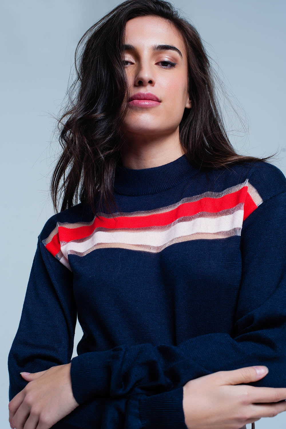 Navy Fine Knitted Sweater with Transparent StripeSweaters