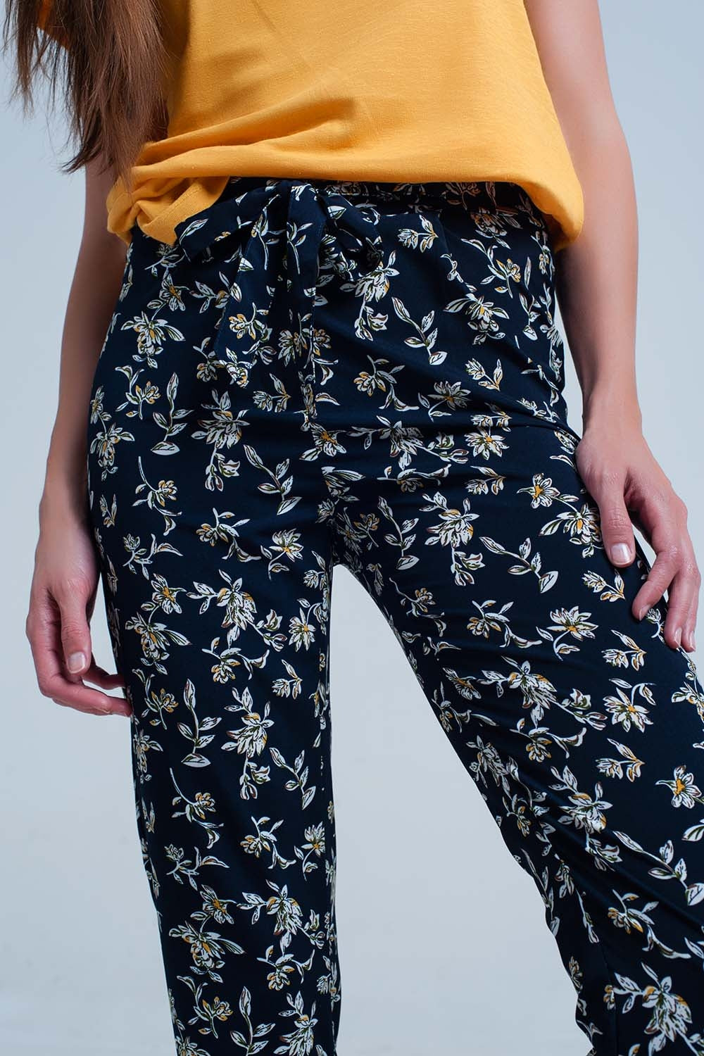 Navy floral pants with a beltPants