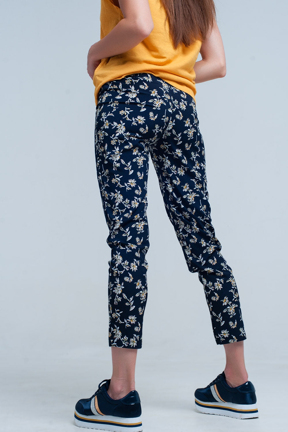 Navy floral pants with a beltPants