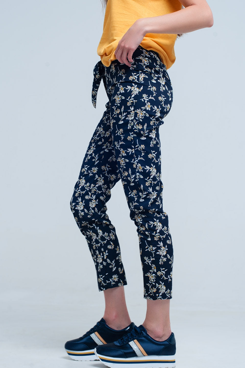 Navy floral pants with a beltPants