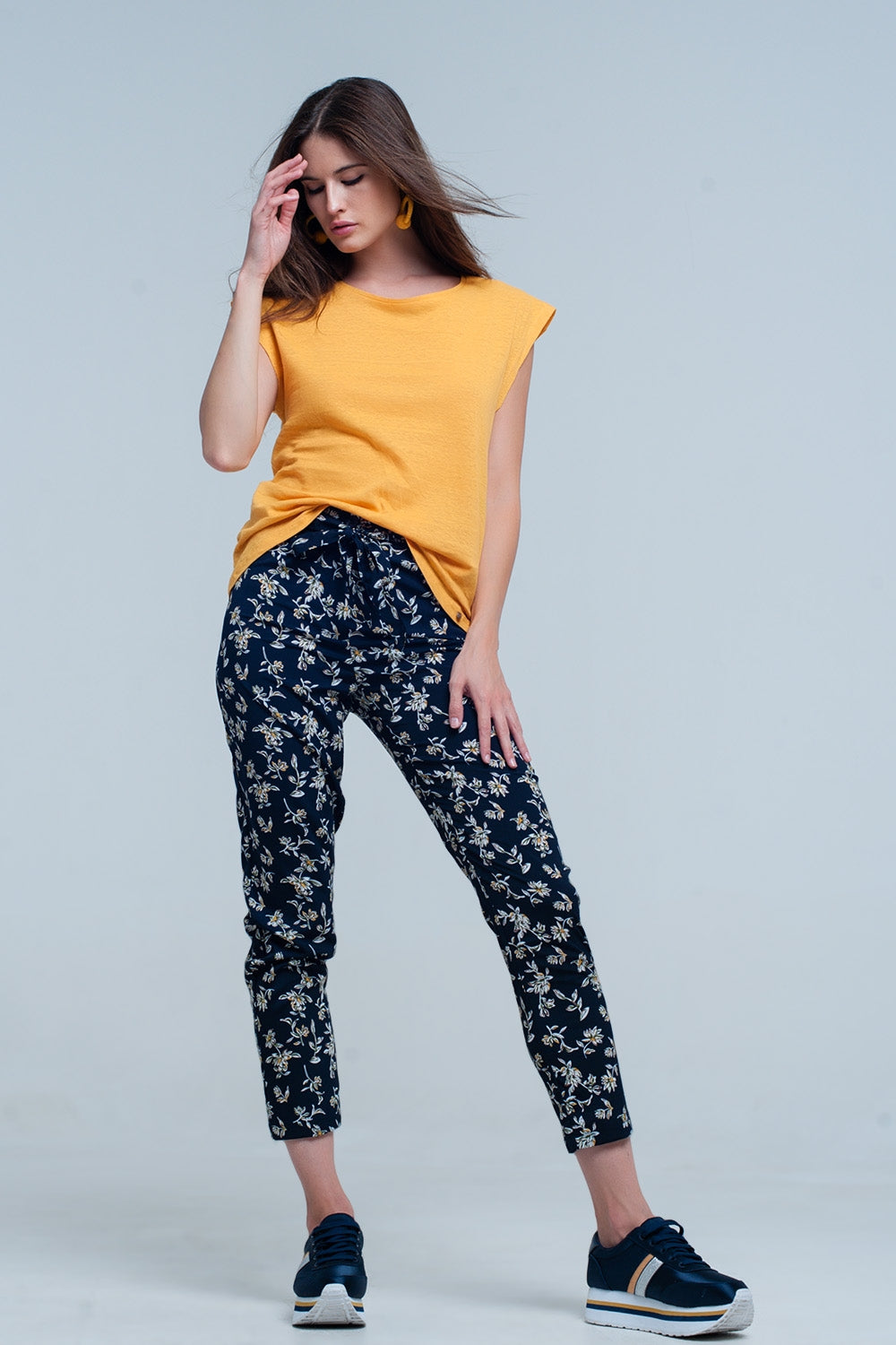 Navy floral pants with a beltPants