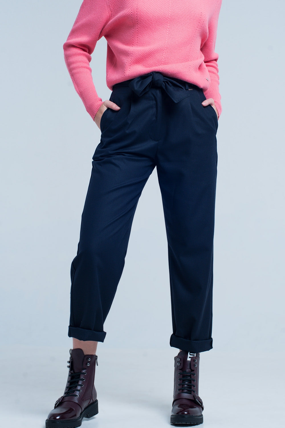 Q2 Navy Wide Pants with Bow Tie