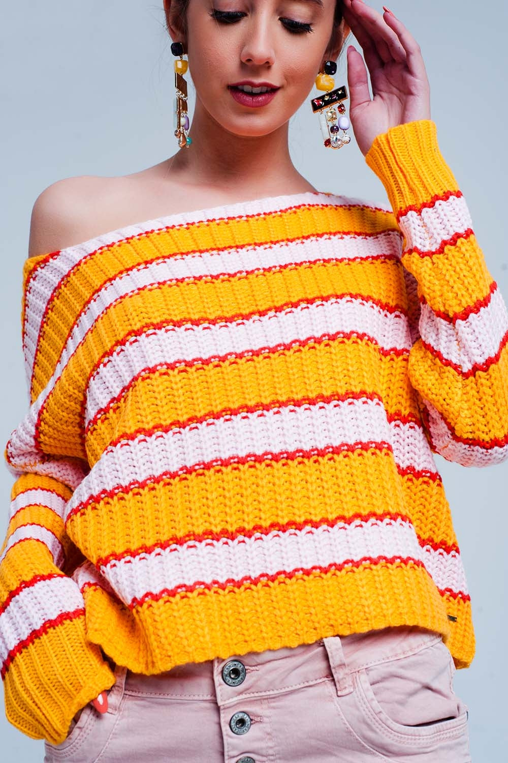 Q2 Orange and pink Color block stripe sweater