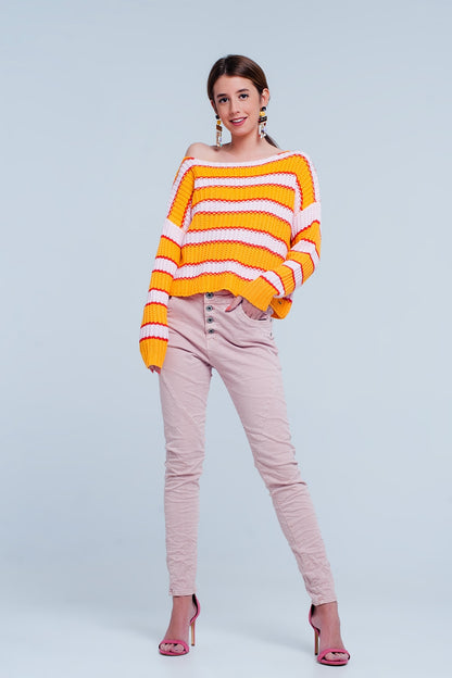 Q2-Orange and pink Color block stripe sweater-Sweaters