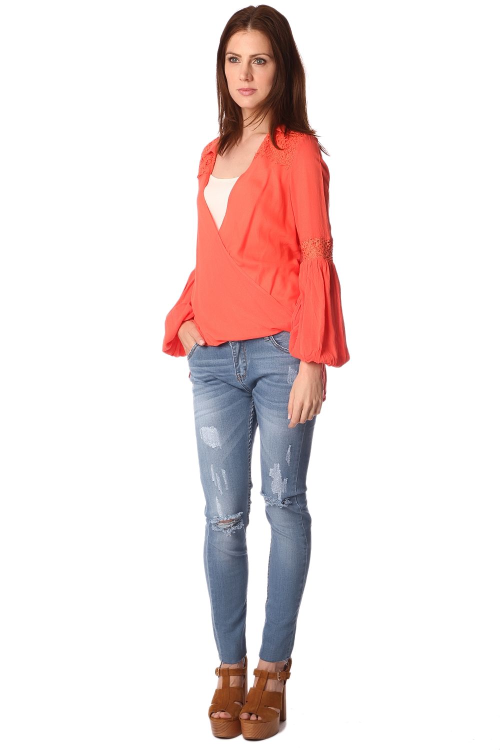 Orange blouse with wrap front and draped detailBlouses