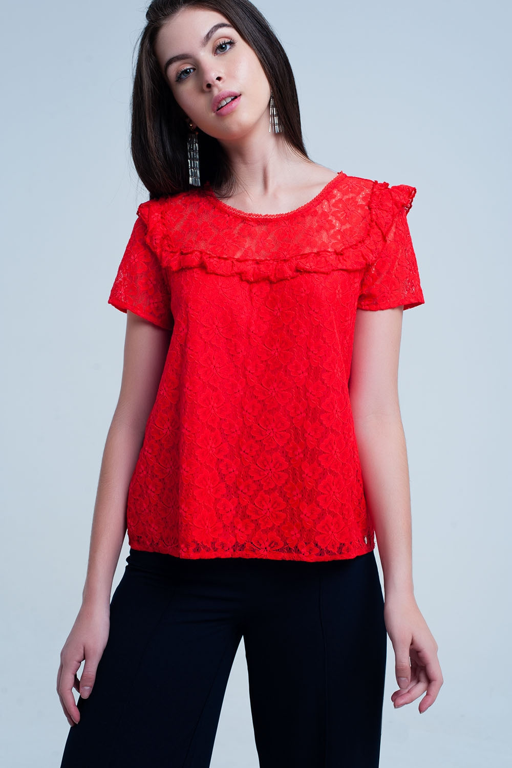 Orange flower lace topShort Sleeve Tops