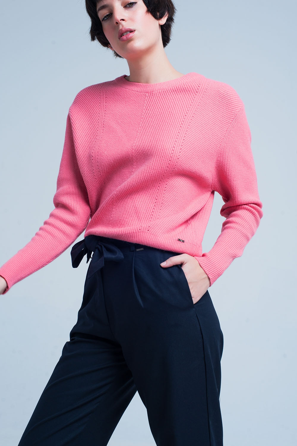 Q2 Pink Textured Sweater with Round Neck