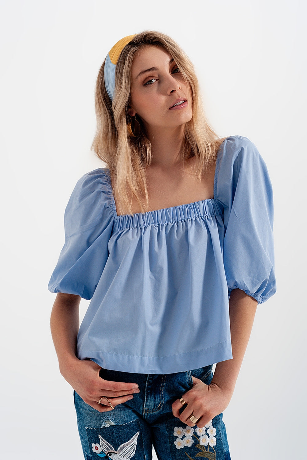 Q2 Poplin balloon sleeve top in blue