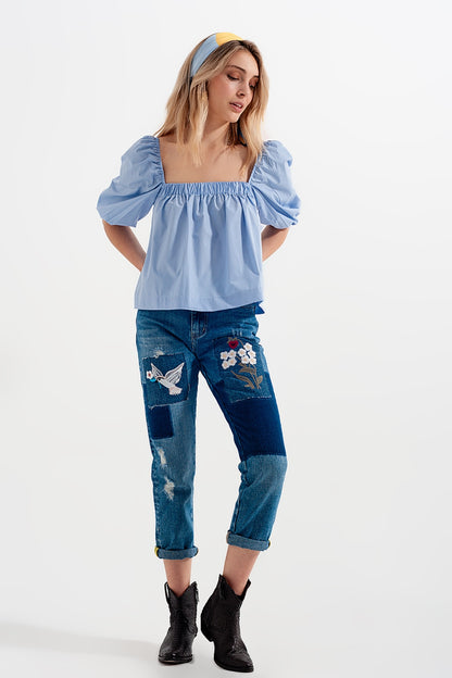 Q2-Poplin balloon sleeve top in blue-Short Sleeve Tops