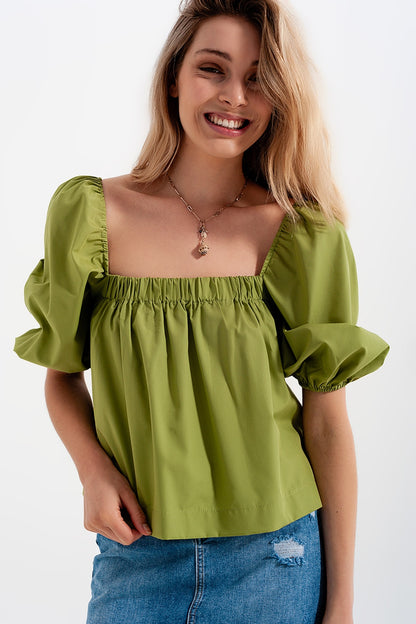 Q2 Poplin balloon sleeve top in green