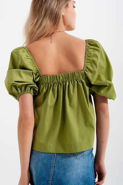 Poplin balloon sleeve top in greenShort Sleeve Tops