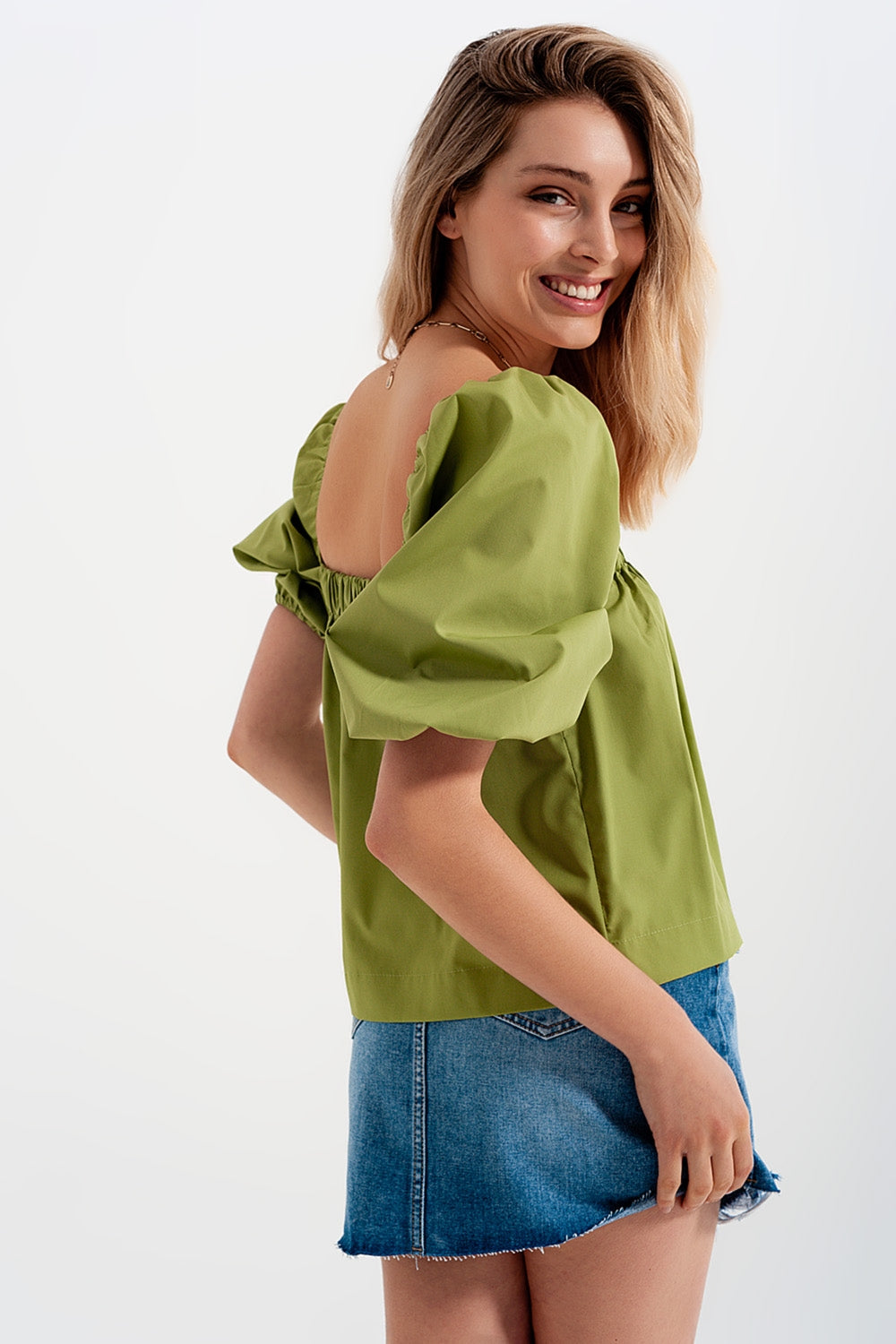 Poplin balloon sleeve top in greenShort Sleeve Tops