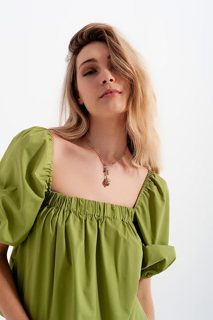 Poplin balloon sleeve top in greenShort Sleeve Tops