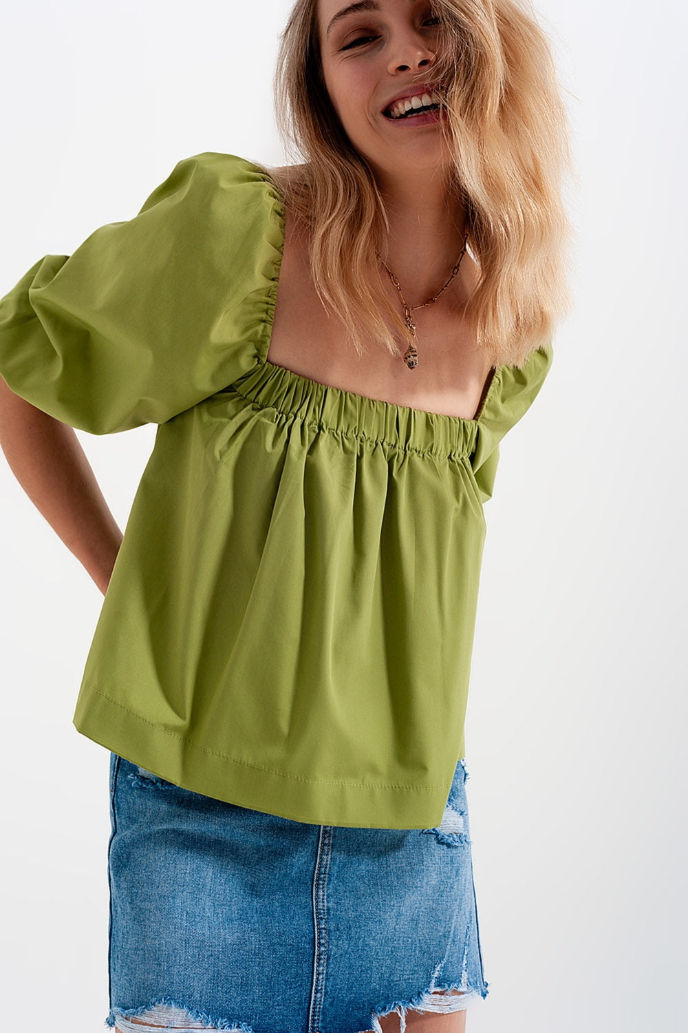 Poplin balloon sleeve top in greenShort Sleeve Tops