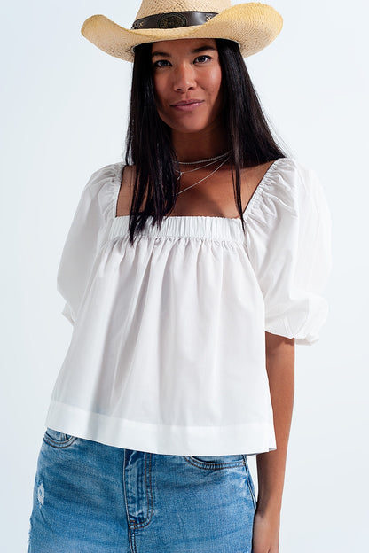 Q2-Poplin balloon sleeve top in white-Short Sleeve Tops