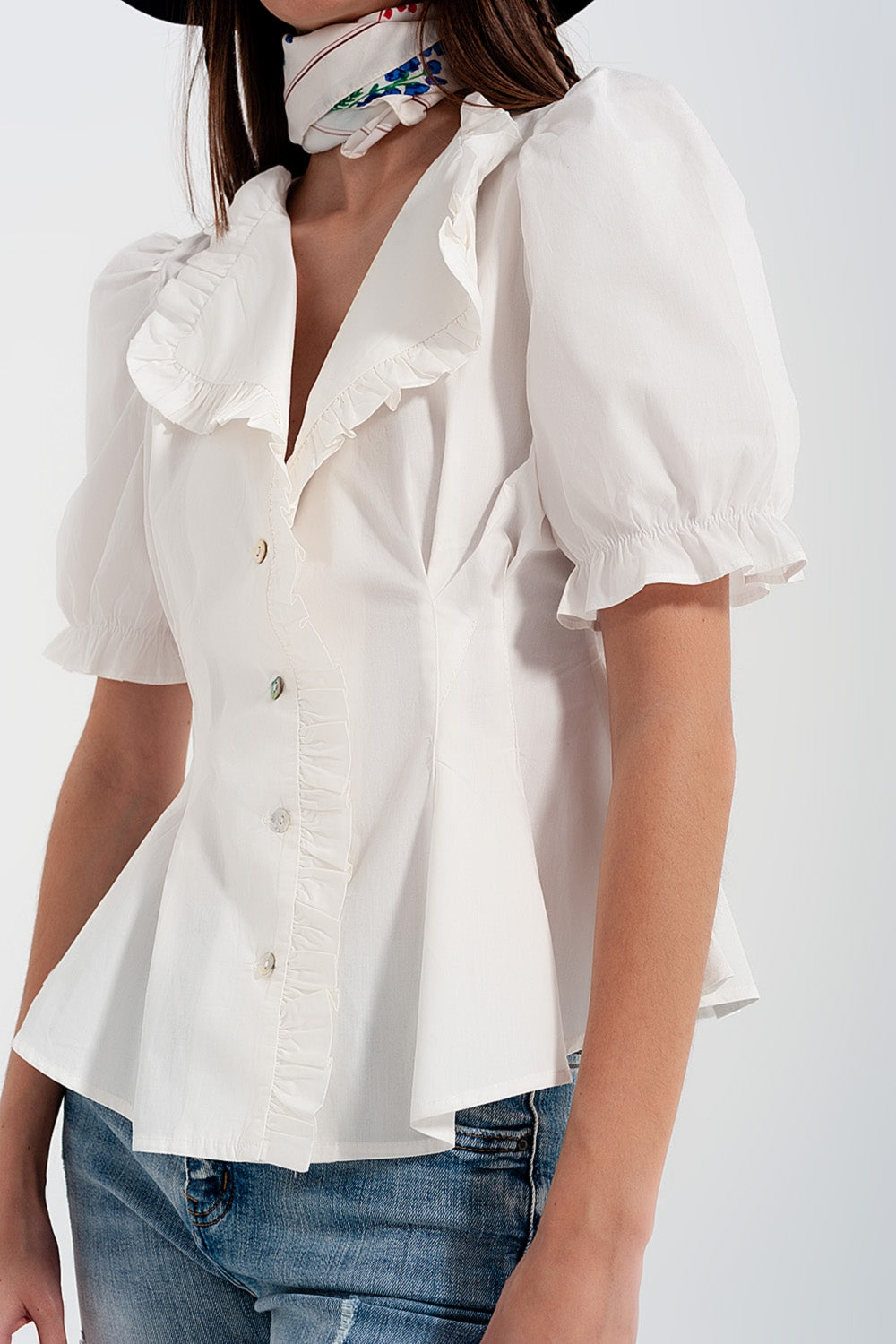 Poplin frill detail wrap blouse in creamShort Sleeve Tops