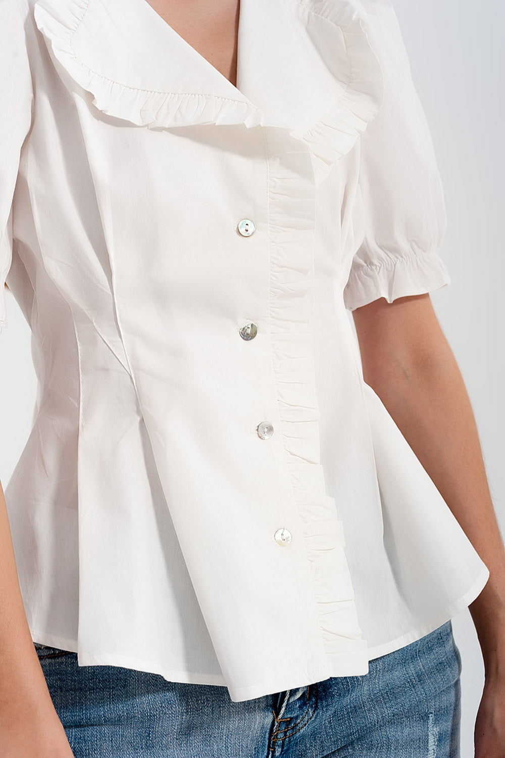 Poplin frill detail wrap blouse in creamShort Sleeve Tops