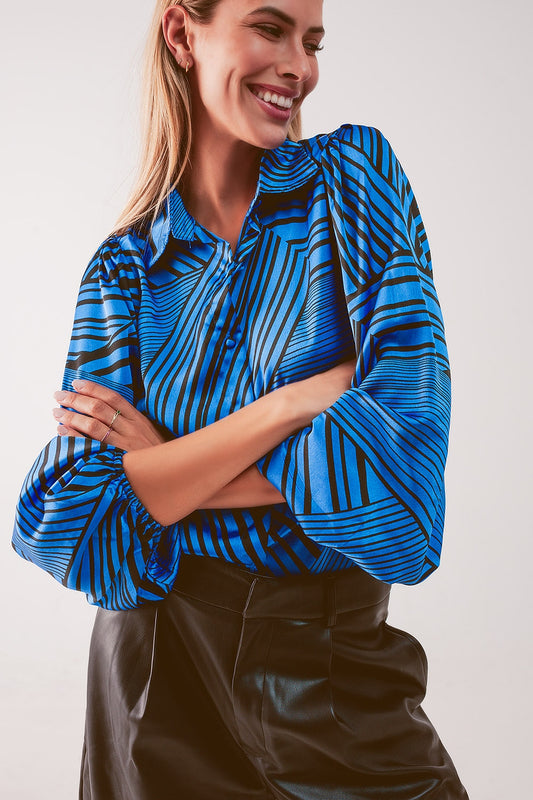 Q2 Puff sleeve printed blouse in blue