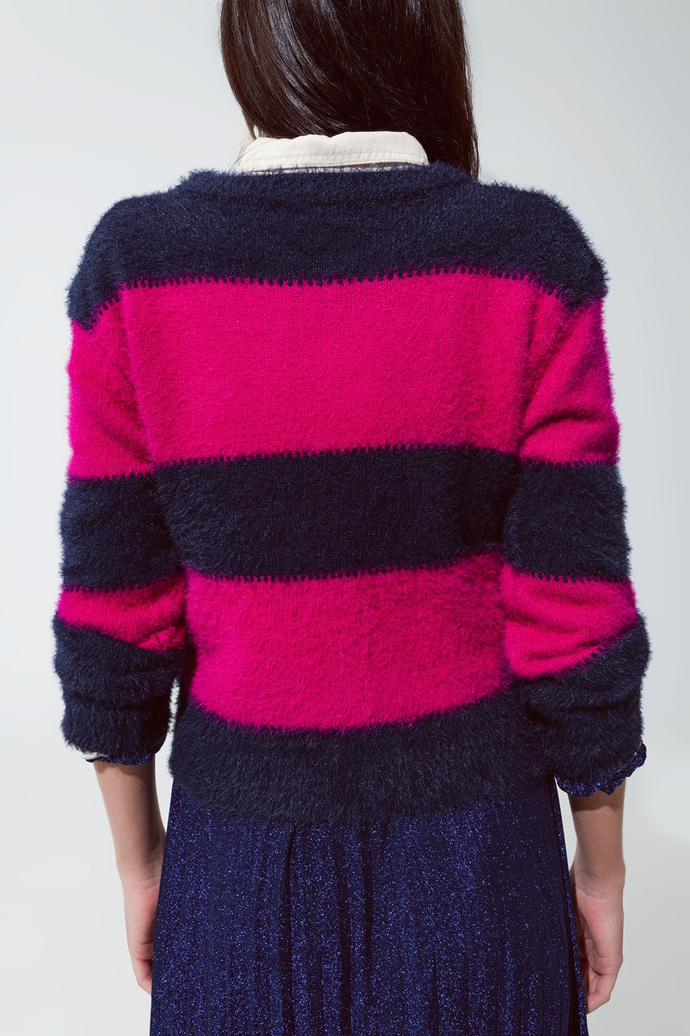 Purple and blue sweater with stripes and a crew neck