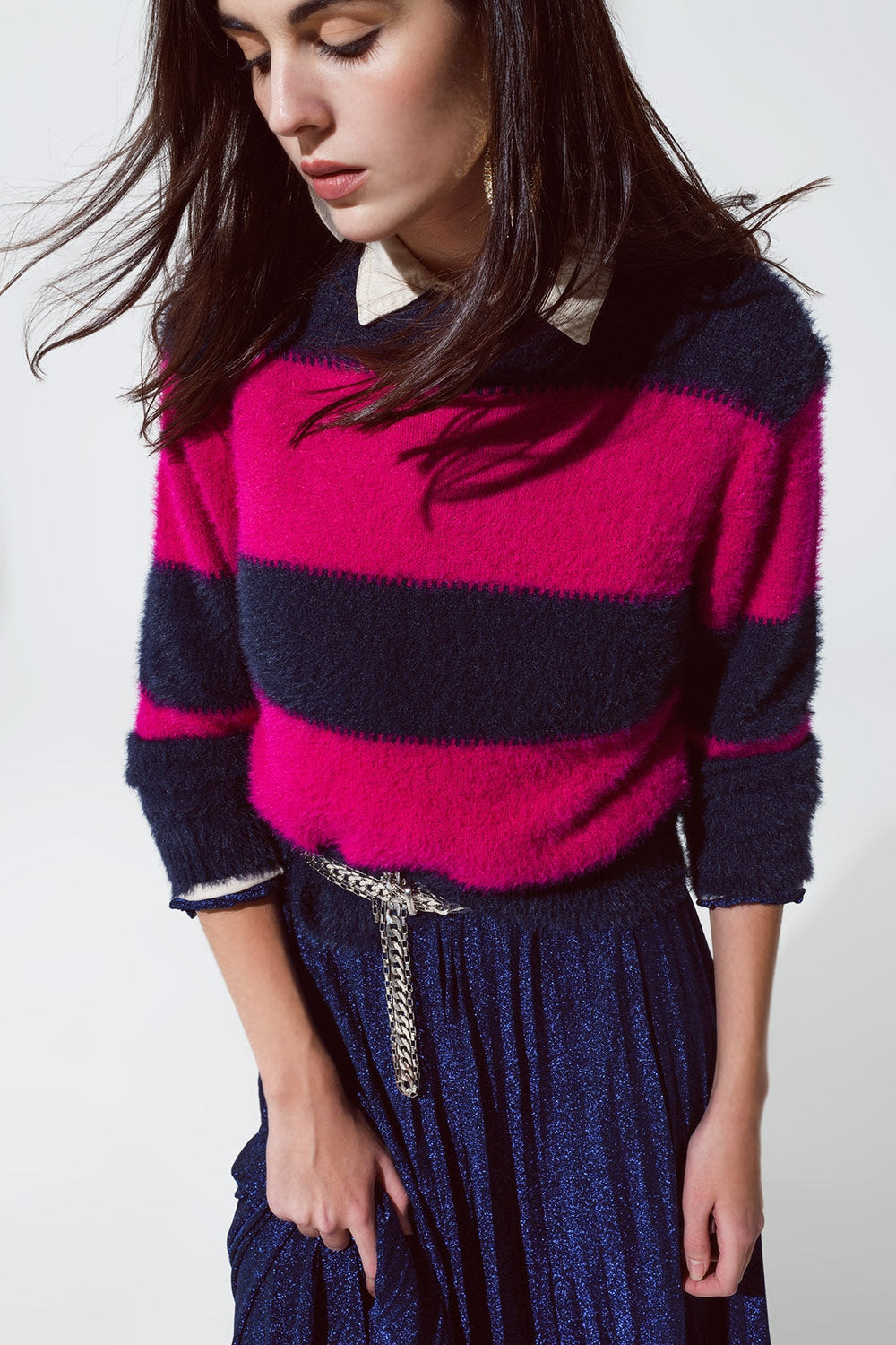 Purple and blue sweater with stripes and a crew neck