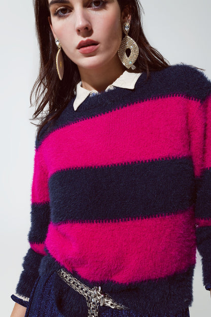 Purple and blue sweater with stripes and a crew neck