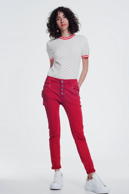 red boyfriend jeans with button closureJeans