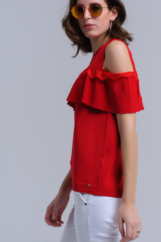 Q2 Red cold shoulder sweater with ruffle and lace