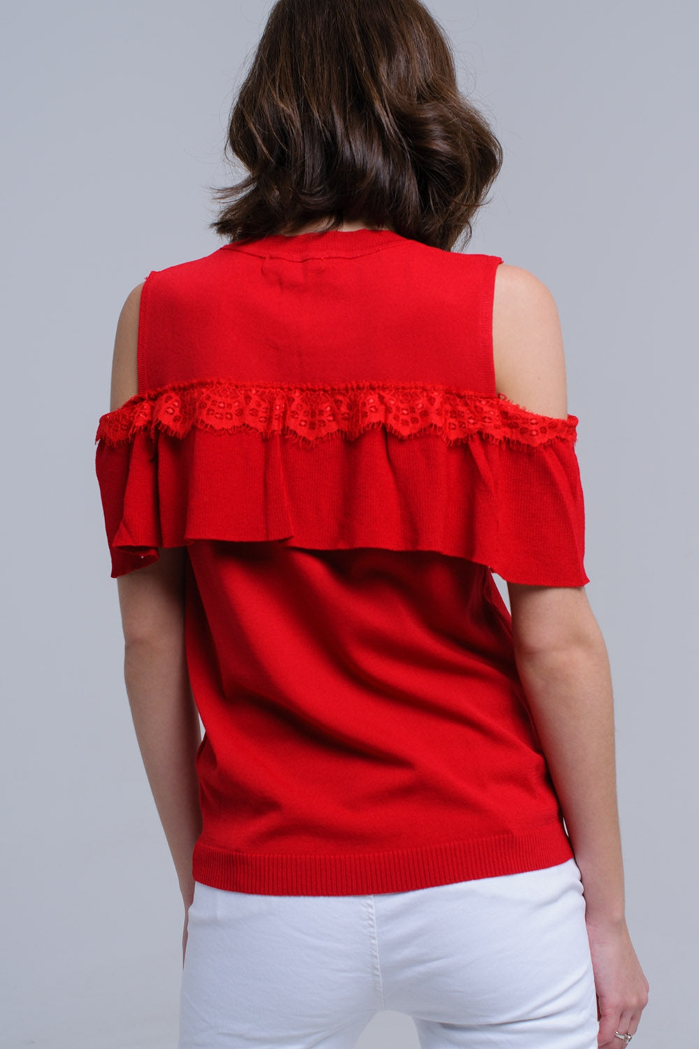 Red cold shoulder sweater with ruffle and laceSweaters