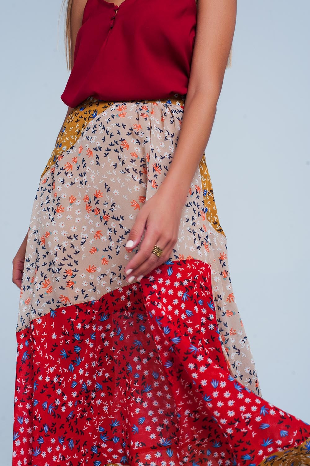 Q2 Red floral meadow bias cut midi skirt