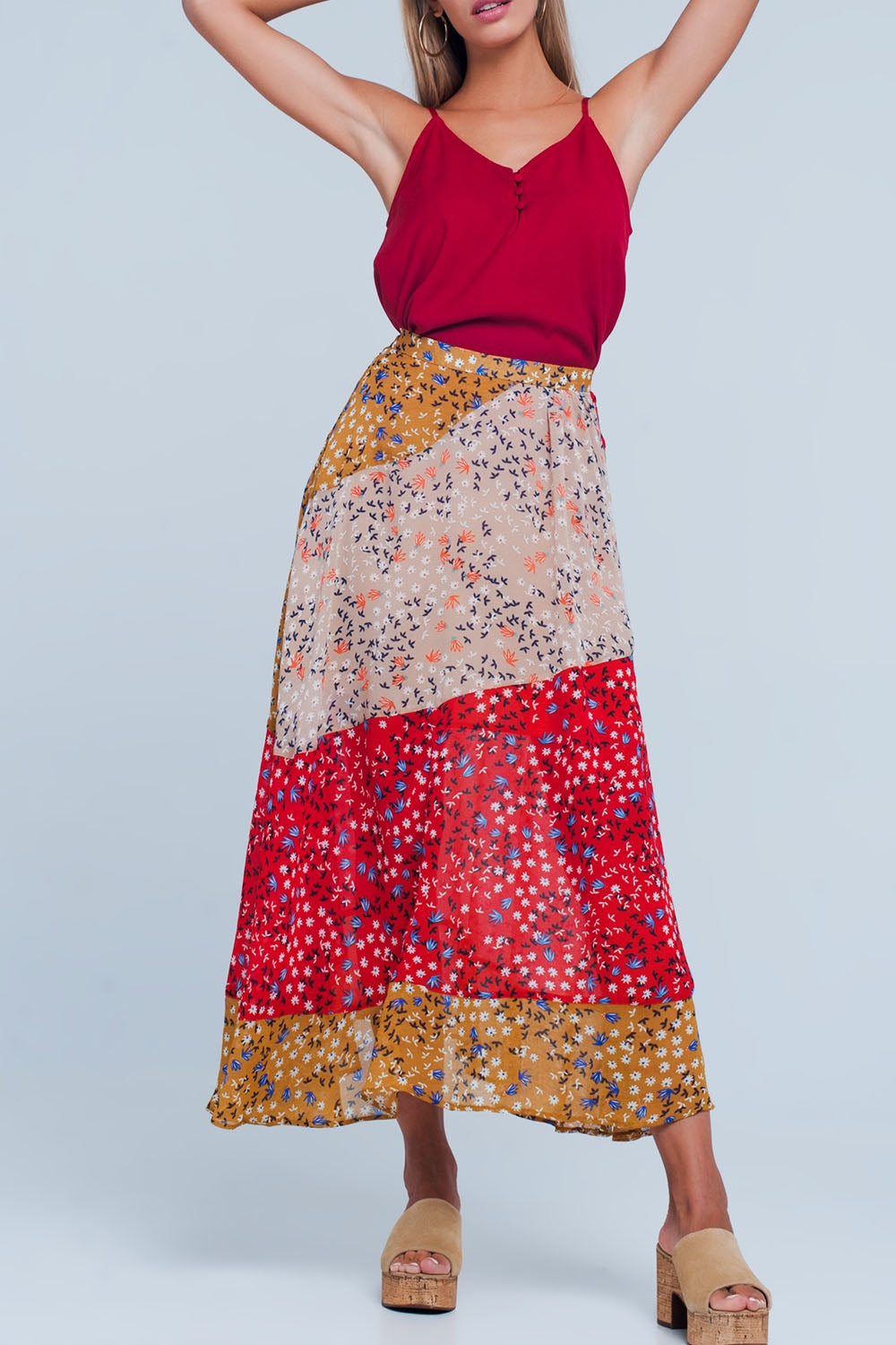 Red floral meadow bias cut midi skirtSkirts