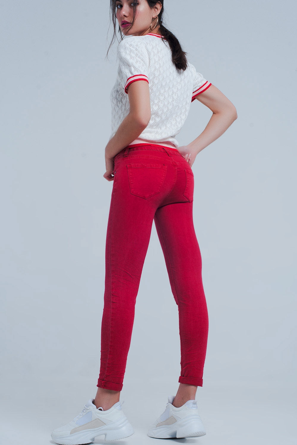 Q2-Red mid rise skinny jeans-Jeans