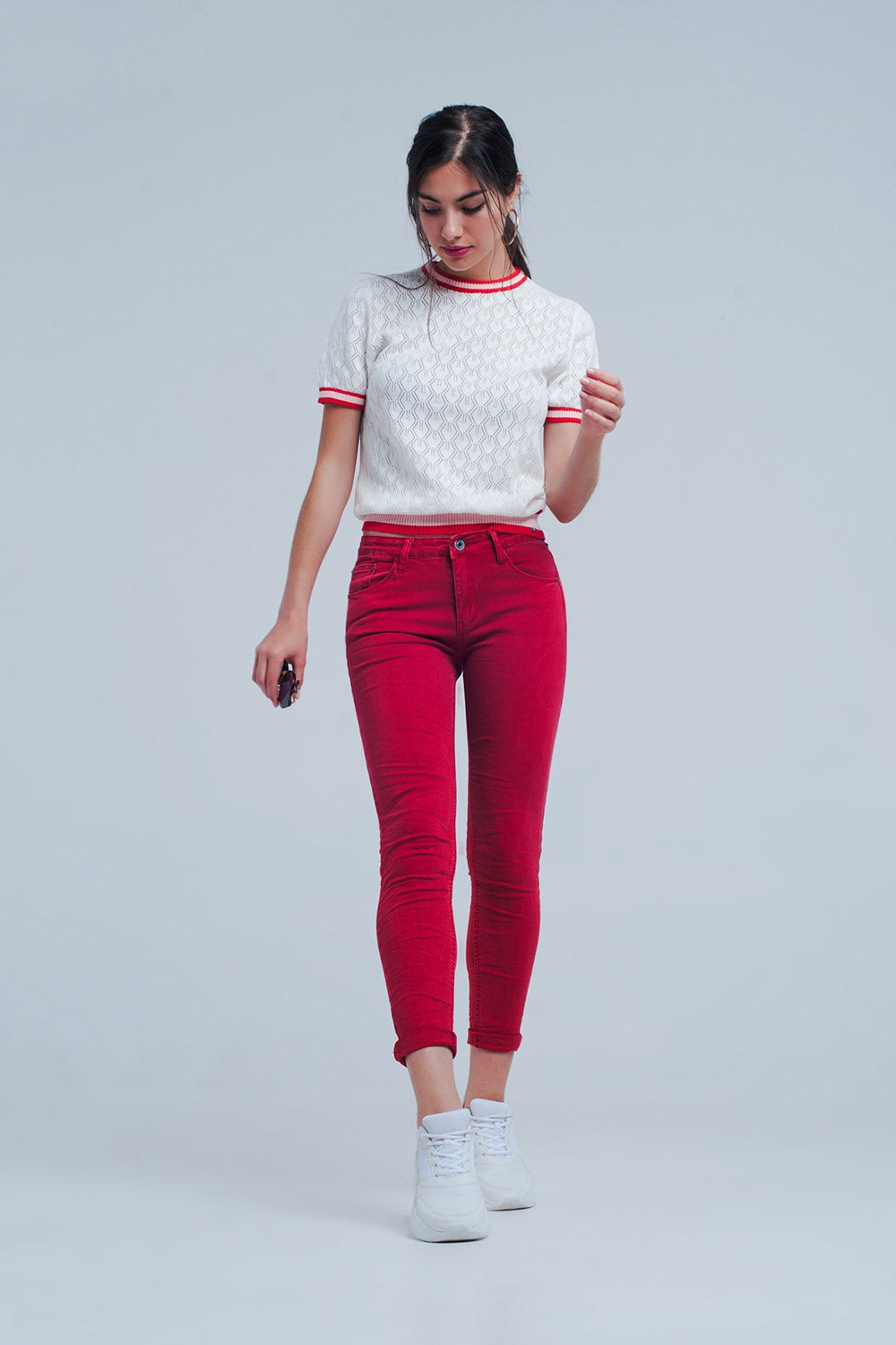 Q2-Red mid rise skinny jeans-Jeans
