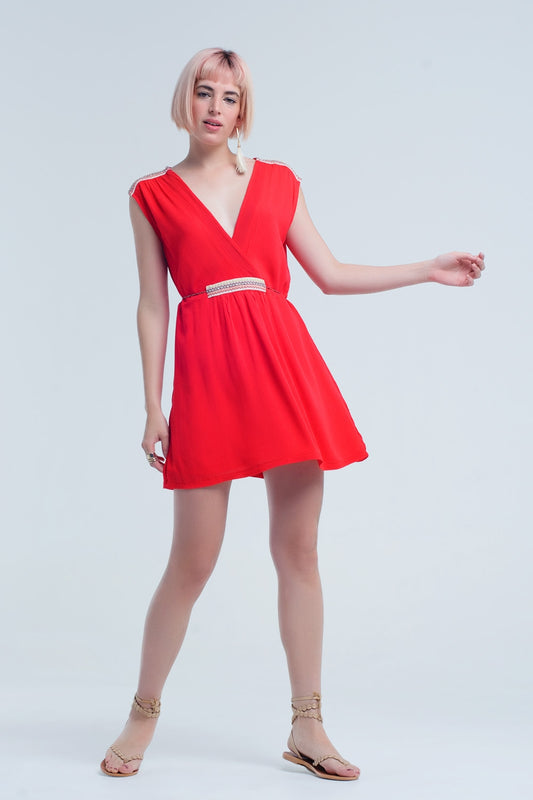 Q2 Red mini dress with embroidery