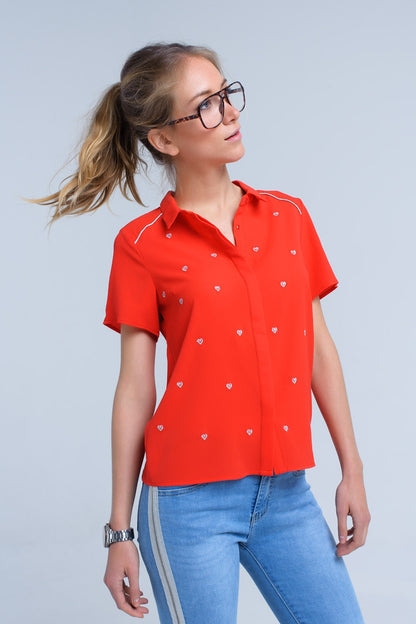 Red shirt with heart embroideryShort Sleeve Tops