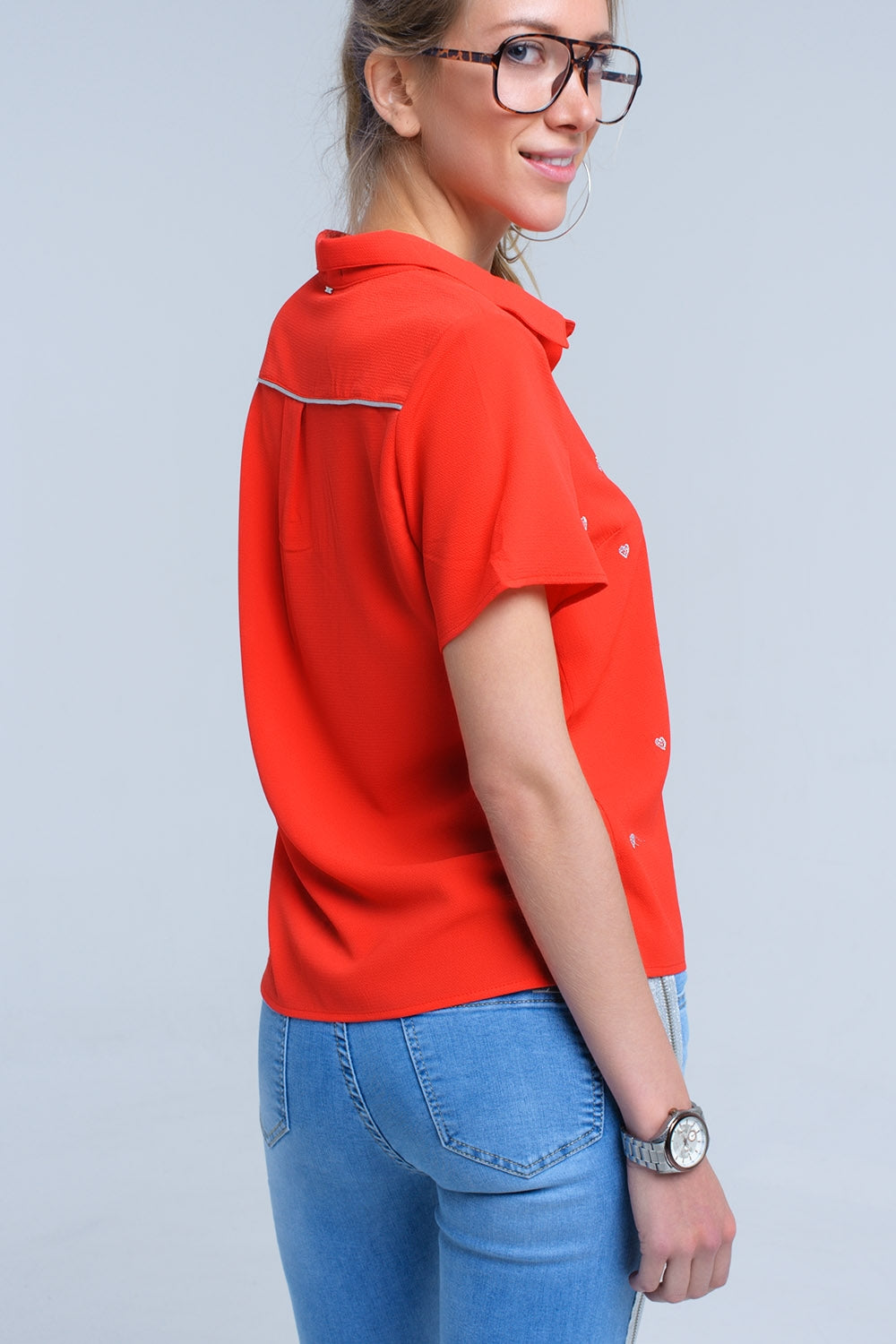 Red shirt with heart embroideryShort Sleeve Tops